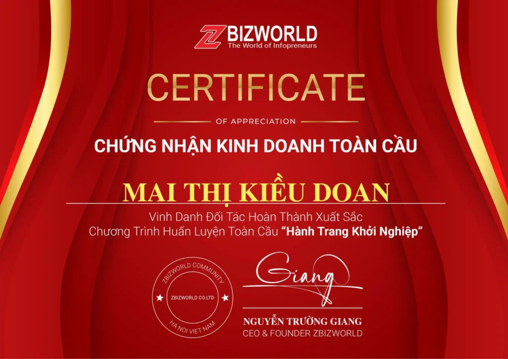 Chứng nhận Hành Trang Khởi Nghiệp của Mai Thị Kiều Doan